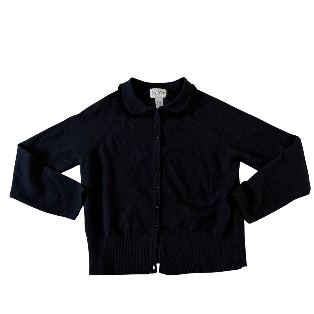 Vtg Y2K 2000s Black Velvet Ruffle Collar Wool Angora Cardigan XL Dark Academia